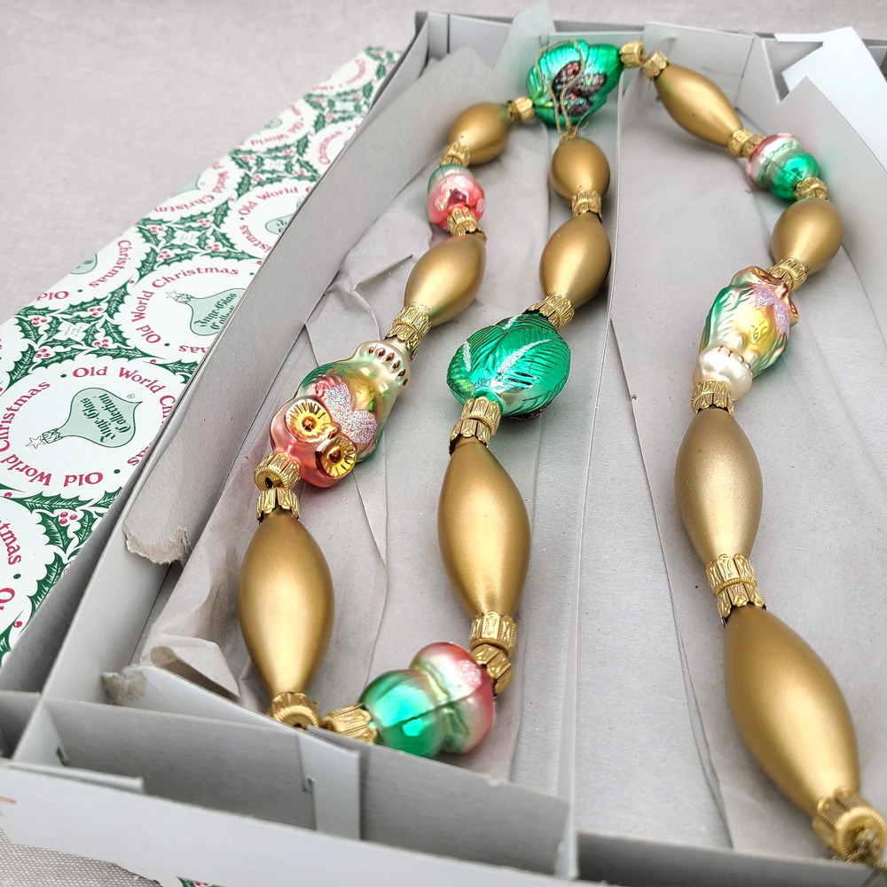 Rare Vtg Inge Glas Old World Christmas Garland Glass Owls Mushrooms Leaves 43"